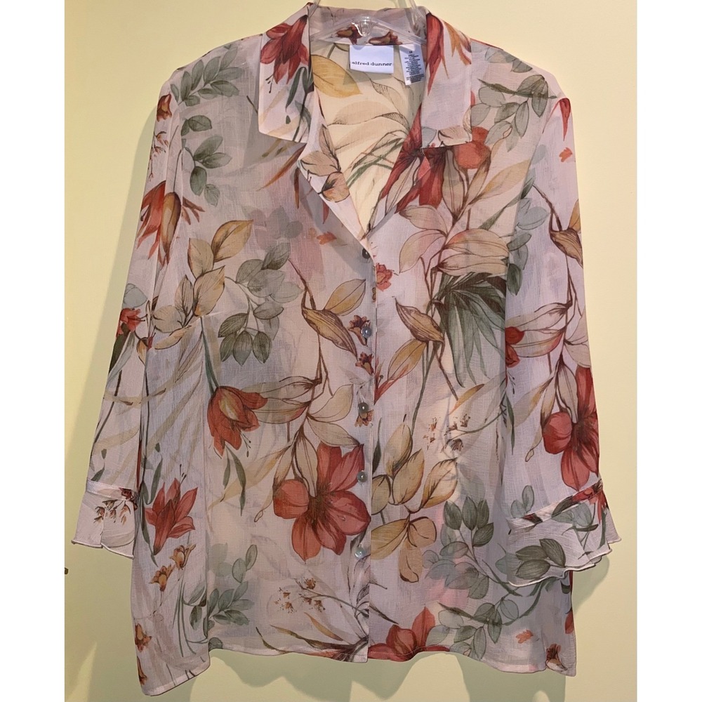 Alfred Dunner Women Floral Chiffon Button Down Blouse 3/4 Sleeve Tan Orange 14